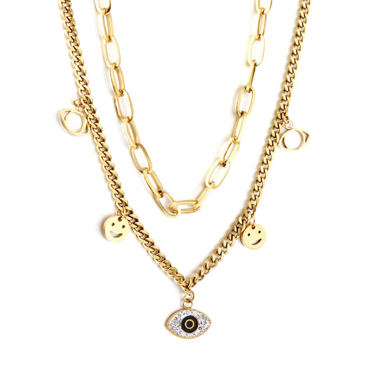 2 Smiley Faces + 2 Hollow Eyes + 1 Eye With Mixed Color Diamond Accessories Double Chain Necklace