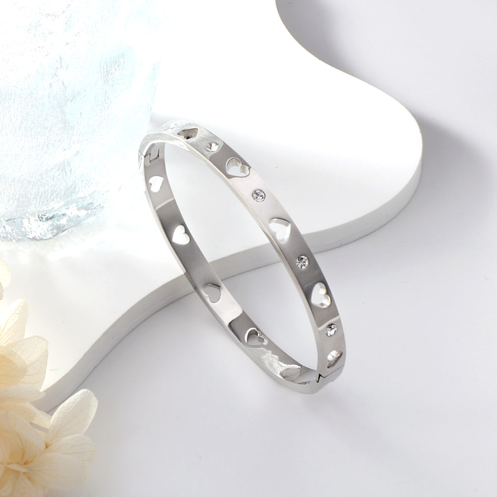 Silver  Colour With Diamonds Hard Bracelet For Women